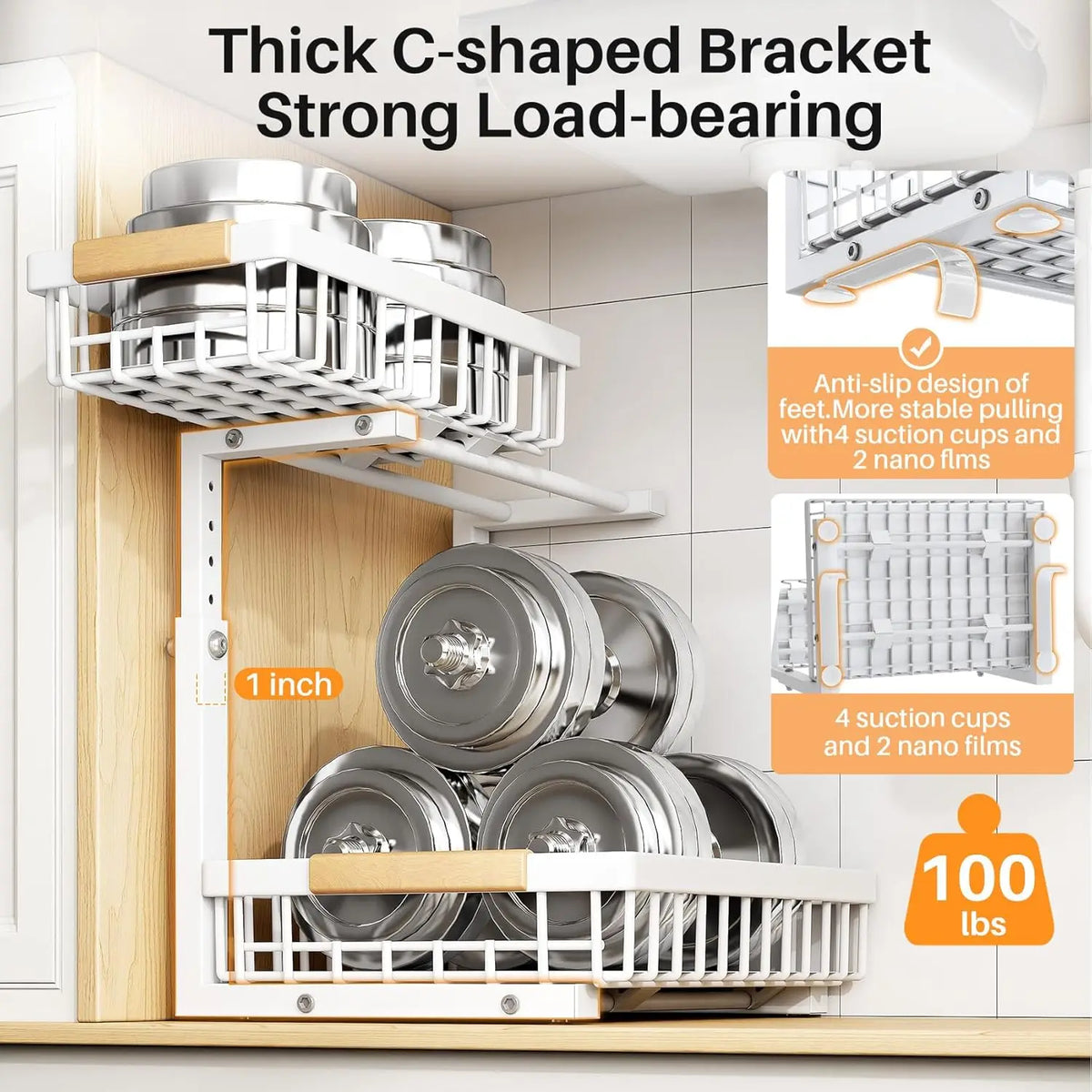 Under Sink Organizer Adjustable Height 2-Tier L-Shape Pull-Out & Slide-Out Thickened Metal Storage Cabinet White 2-Pack