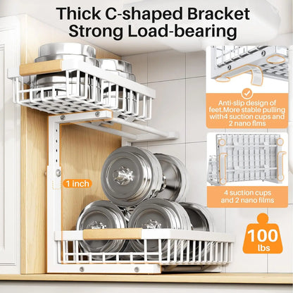 Under Sink Organizer Adjustable Height 2-Tier L-Shape Pull-Out & Slide-Out Thickened Metal Storage Cabinet White 2-Pack
