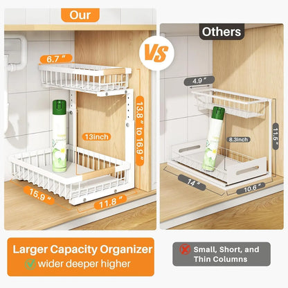 Under Sink Organizer Adjustable Height 2-Tier L-Shape Pull-Out & Slide-Out Thickened Metal Storage Cabinet White 2-Pack