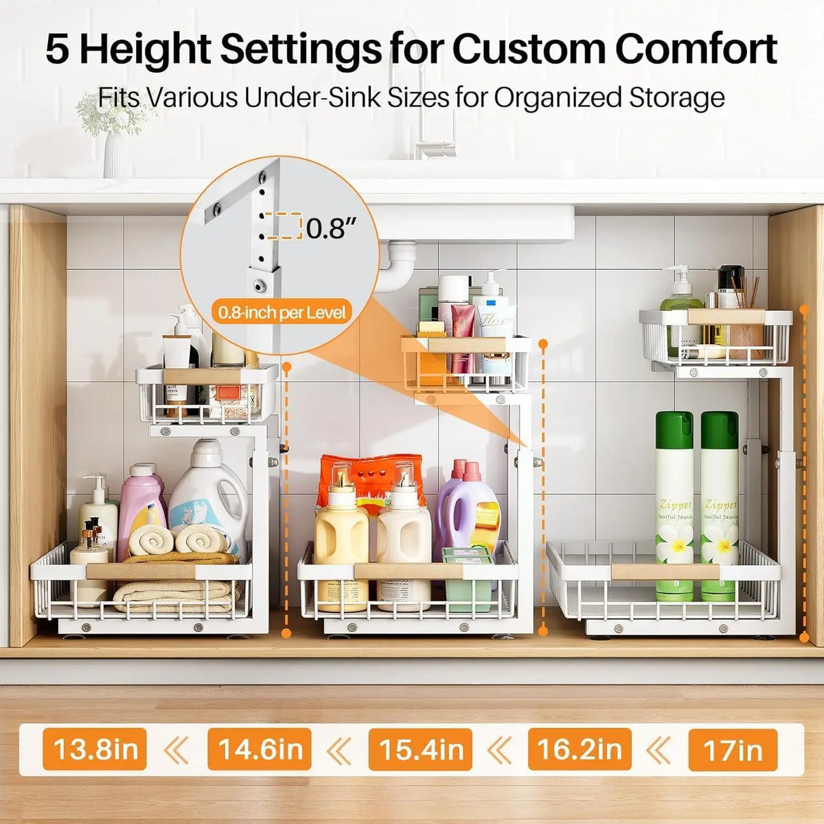 Under Sink Organizer Adjustable Height 2-Tier L-Shape Pull-Out & Slide-Out Thickened Metal Storage Cabinet White 2-Pack