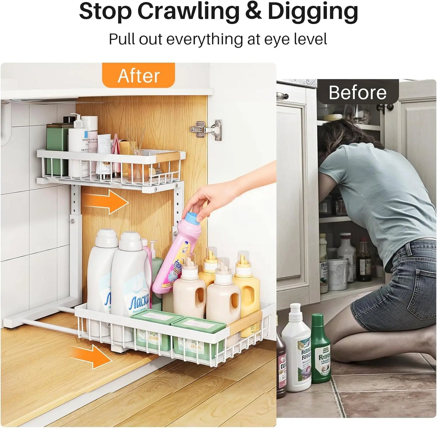 Under Sink Organizer Adjustable Height 2-Tier L-Shape Pull-Out & Slide-Out Thickened Metal Storage Cabinet White 2-Pack