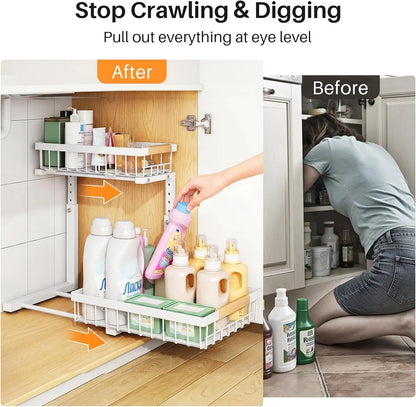 Under Sink Organizer Adjustable Height 2-Tier L-Shape Pull-Out & Slide-Out Thickened Metal Storage Cabinet White 2-Pack
