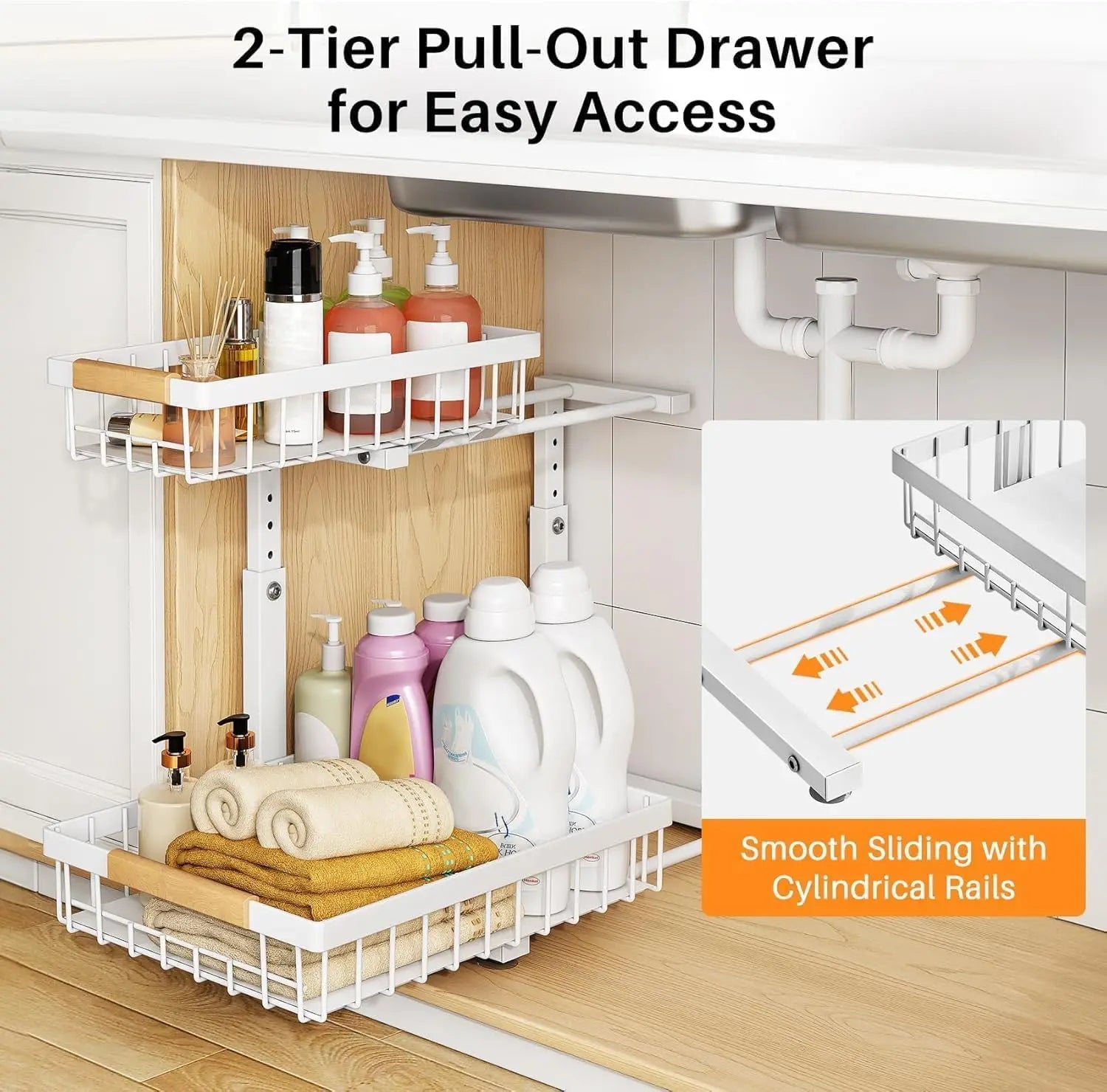 Under Sink Organizer Adjustable Height 2-Tier L-Shape Pull-Out & Slide-Out Thickened Metal Storage Cabinet White 2-Pack