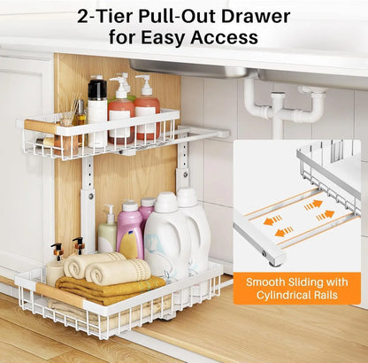 Under Sink Organizer Adjustable Height 2-Tier L-Shape Pull-Out & Slide-Out Thickened Metal Storage Cabinet White 2-Pack
