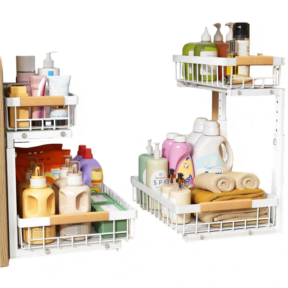 Under Sink Organizer Adjustable Height 2-Tier L-Shape Pull-Out & Slide-Out Thickened Metal Storage Cabinet White 2-Pack