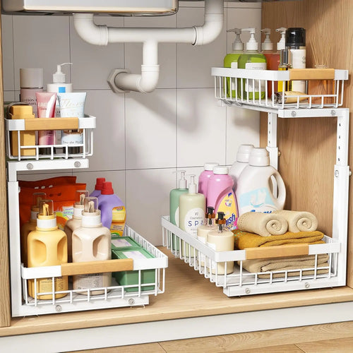Under Sink Organizer Adjustable Height 2-Tier L-Shape Pull-Out & Slide-Out Thickened Metal Storage Cabinet White 2-Pack